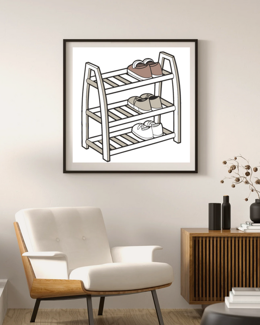 Cadre avec design minimaliste présentant une étagère à chaussures organisée