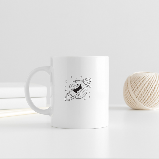 Mug avec une planète rayonnante en orbite dans un motif minimaliste et joyeux