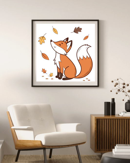 Cadre avec un renard joyeux dans les feuilles d'automne chaleureux