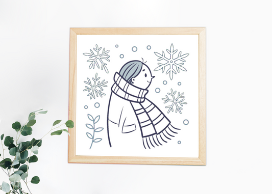 Cadre décoratif style doodle avec un personnage en hiver motif hivernal vibrant
