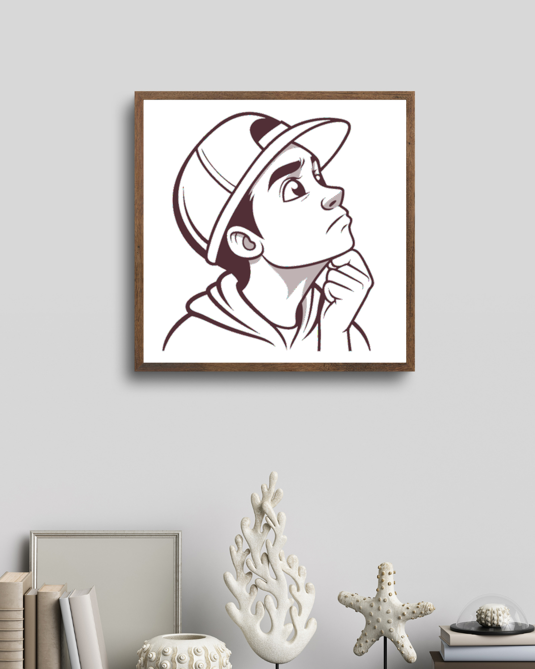 Cadre moderne avec icône numérique garçon pensif dans un style vectoriel introspectif