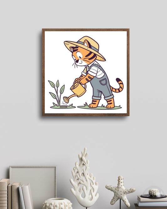 Cadre décoratif montrant un tigre mignon jardinier avec arrosoir, esprit nature
