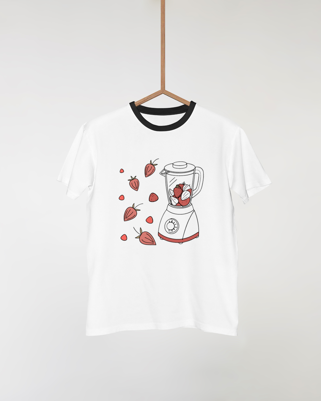T-shirt minimaliste avec icône de fraise et blender pour cuisine créative