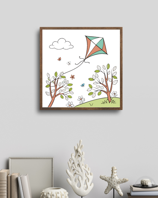 Cadre artistique avec cerf-volant minimaliste flottant dans un style printanier vibrant