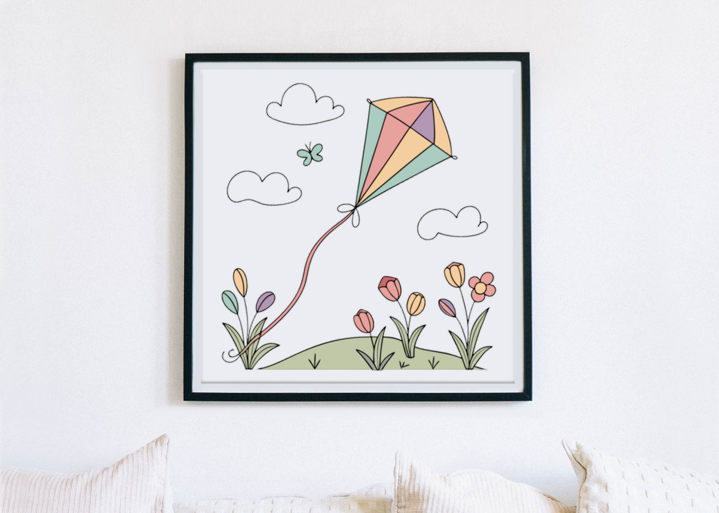 Cadre avec icône numérique décorative d'un cerf-volant pastel thème nature