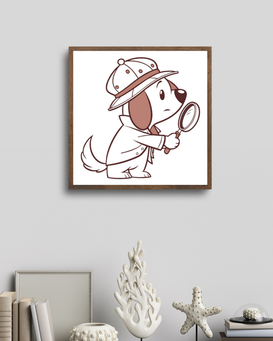 Cadre orné d'un chien détective curieux en style numérique pour amateurs de mystère