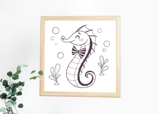 Cadre au style marin minimaliste avec un hippocampe joyeux en illustration épurée