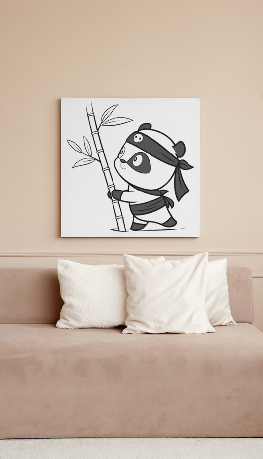 Cadre décoratif montrant un panda ninja monochrome jouant avec un bambou