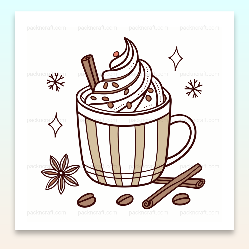 Illustration de chocolat chaud gourmand en style doodle, idéale pour décoration hivernale.