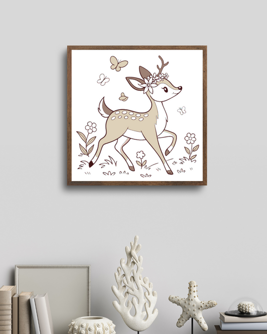 Cadre orné d'un faon souriant dans un champ en fleurs, ambiance pastel nature