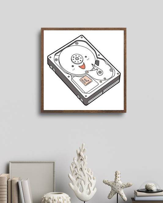 Mockup d'un cadre avec icône disque dur minimaliste au style tech amusant