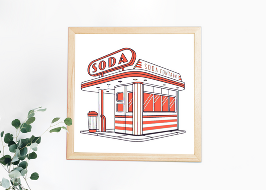 Illustration vintage avec cadre autour d'un café sodas classique.