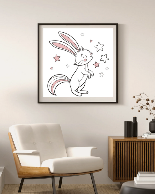 Cadre enchanteur avec lapin rêveur pastel et étoiles élégantes