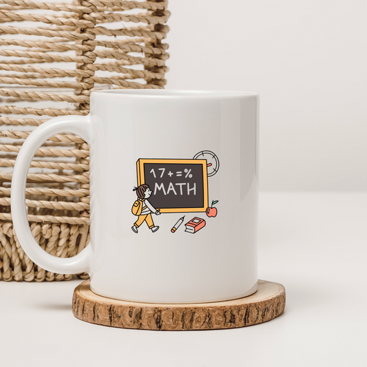 Mug décoré d'un écolier souriant devant un tableau dans un style pastel chaleureux