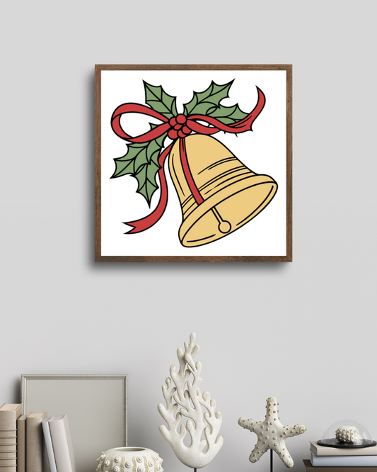 Cadre décoré avec une cloche festive sur fond d'hiver enchanteur