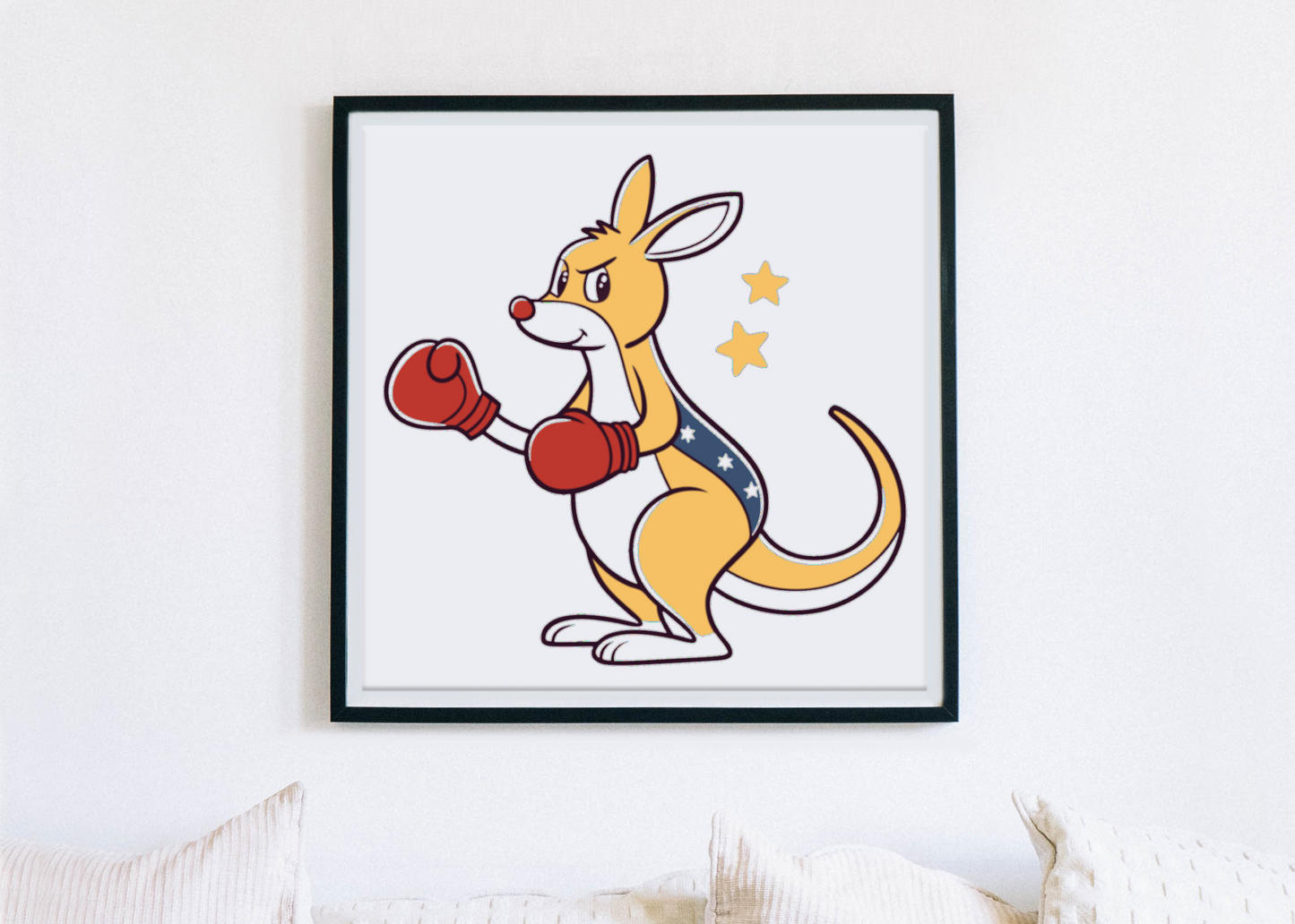 Cadre avec kangourou boxeur cartoon, ambiance sportive et design dynamique