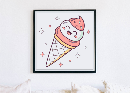 Cadre avec glace souriante style kawaii pour une ambiance estivale et gourmande