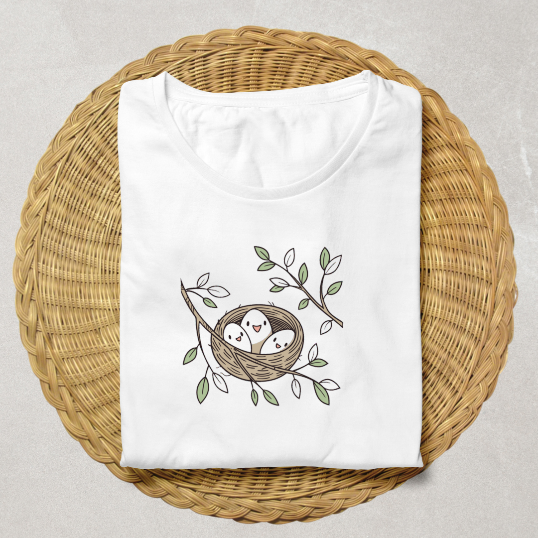 T-shirt orné d'une icône joyeuse présentant des oisillons dans leur nid paisible