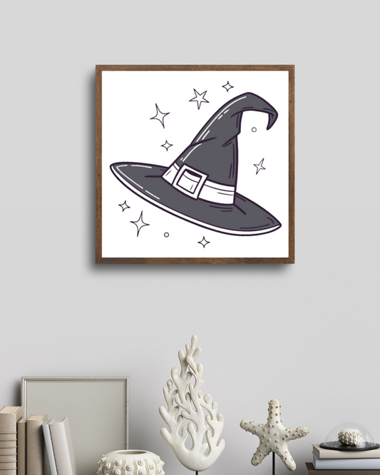 Cadre avec chapeau de sorcière scintillant monochrome thème Halloween