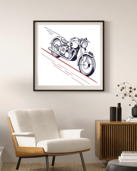 Cadre vintage représentant une moto grimpant des collines.