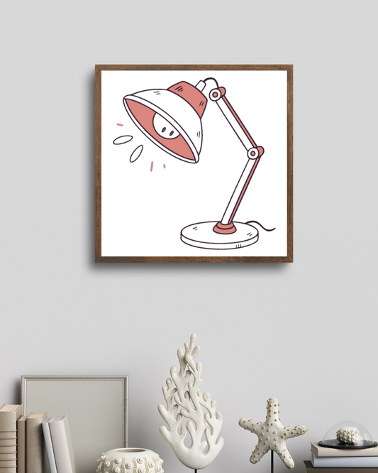 Cadre avec lampe de bureau éclairante style doodle sur fond d'espace de travail