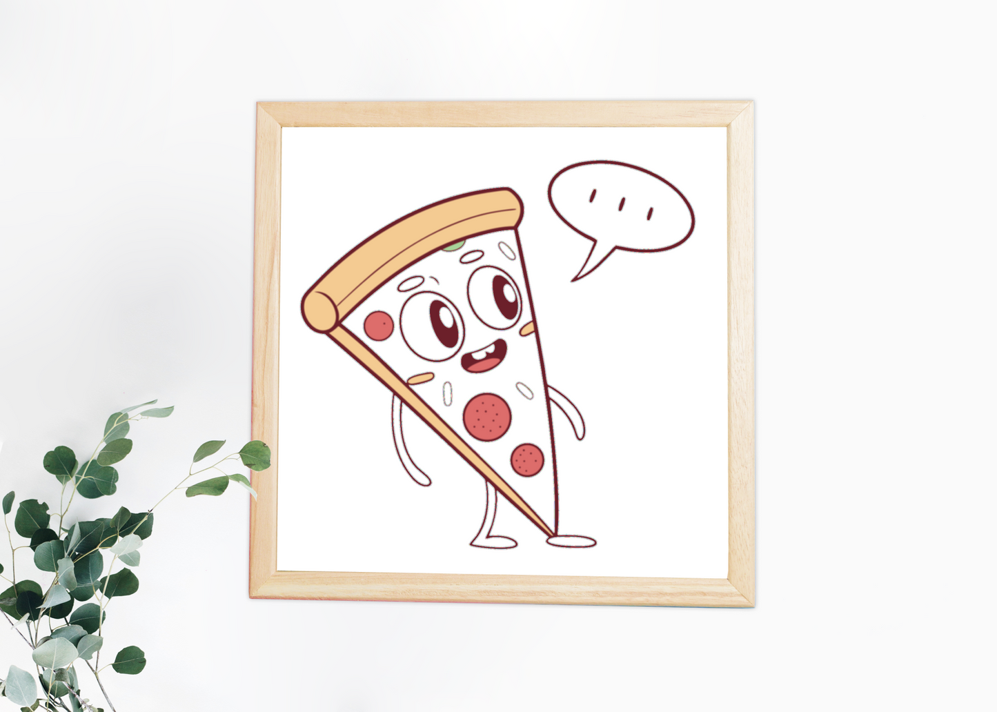 Cadre contenant une pizza souriante, ambiance joyeuse et appétissante