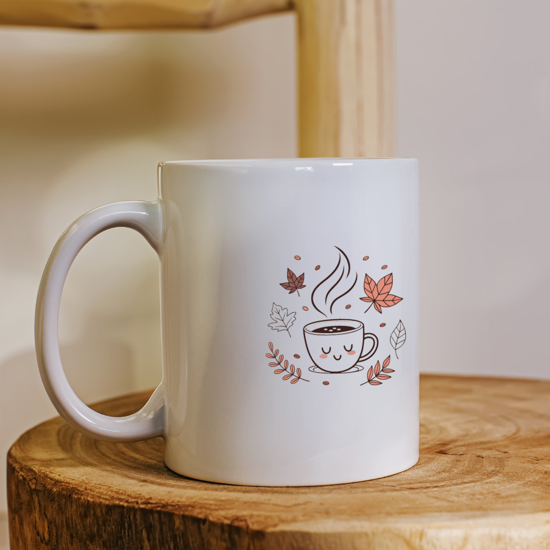 Mug avec design moderne et élément automnal dans un style cozy et réconfortant