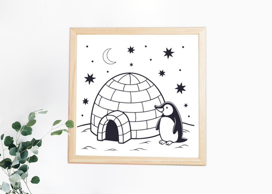 Cadre avec un pingouin joueur sur fond étoilé nuit polaire ambiance rêveuse