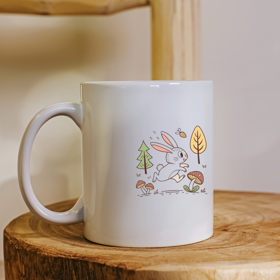 Mug arborant un lapin amusant sautant joyeusement en forêt dans un style nature