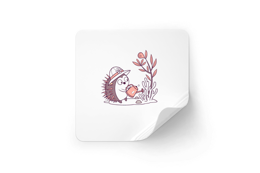Sticker hérisson pastel arrosant au jardin sur fond printanier élégant et doux