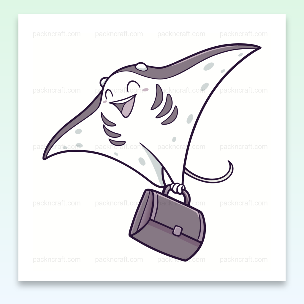 Illustration de raie manta joyeuse tenant une mallette, en style kawaii vectoriel