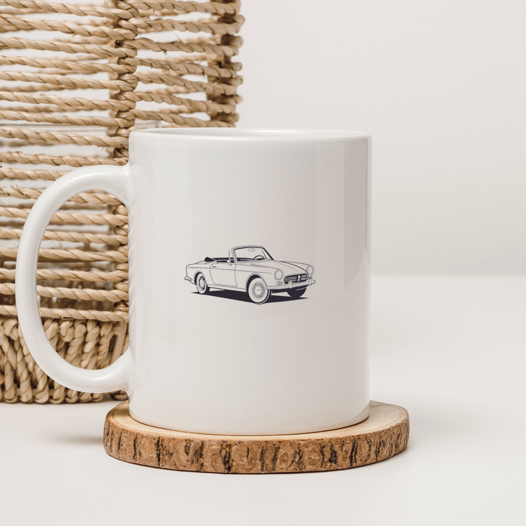 Motif Peugeot 404 sur mug pour amateurs de voitures rétro.