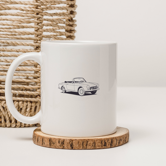 Motif Peugeot 404 sur mug pour amateurs de voitures rétro.