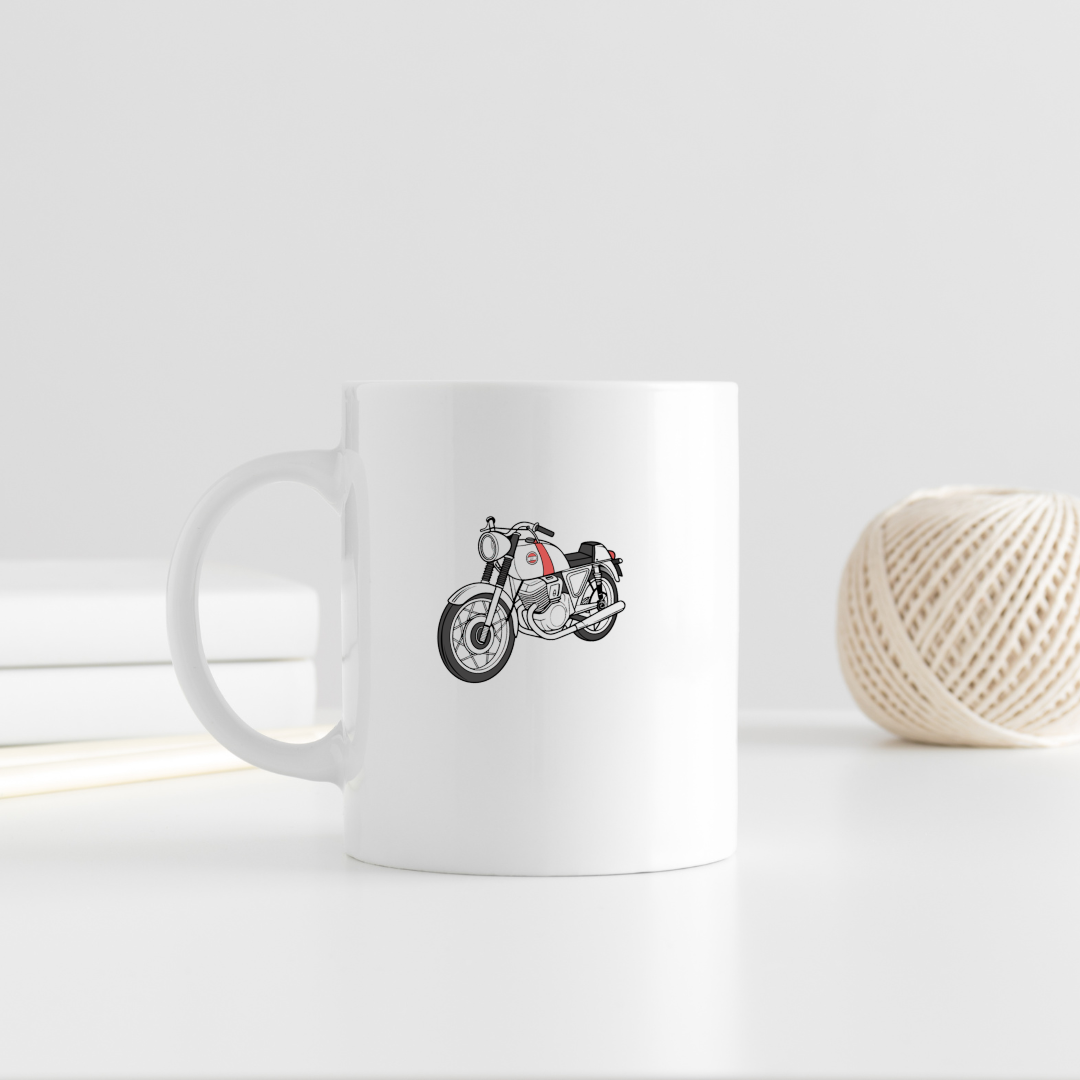 Illustration de la Laverda Jota 1976 sur tasse, rétro et élégant.