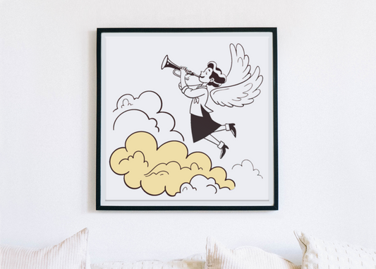 Cadre avec ange et trompette en style minimaliste sur fond de nuages musicaux