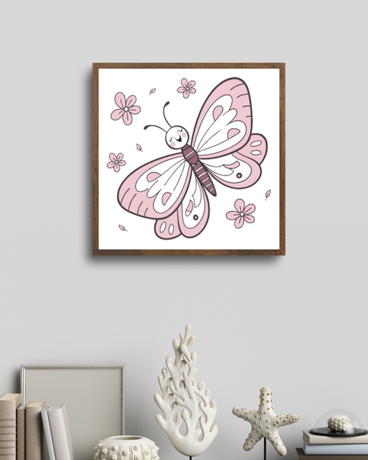 Cadre en bois minimaliste avec papillon numérique joyeux style printanier