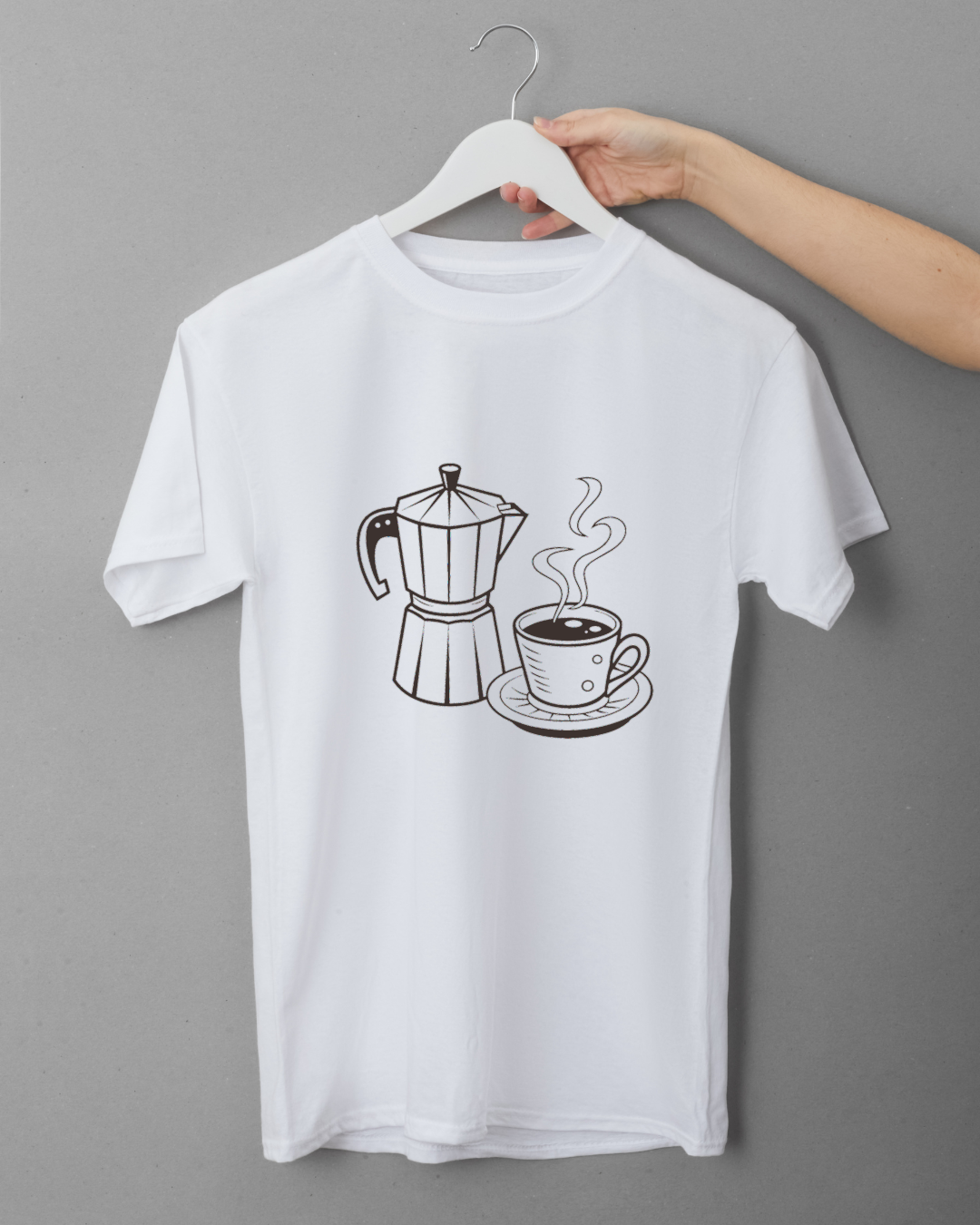 T-shirt avec cafetière italienne monochrome ajoutant une touche café rétro