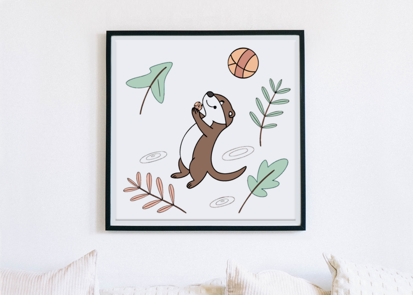 Cadre décoratif avec loutre joyeuse stylisée motif bois naturel