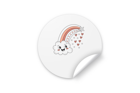 Sticker nuage kawaii avec arc-en-ciel et cœurs, idéal pour papeterie créative.