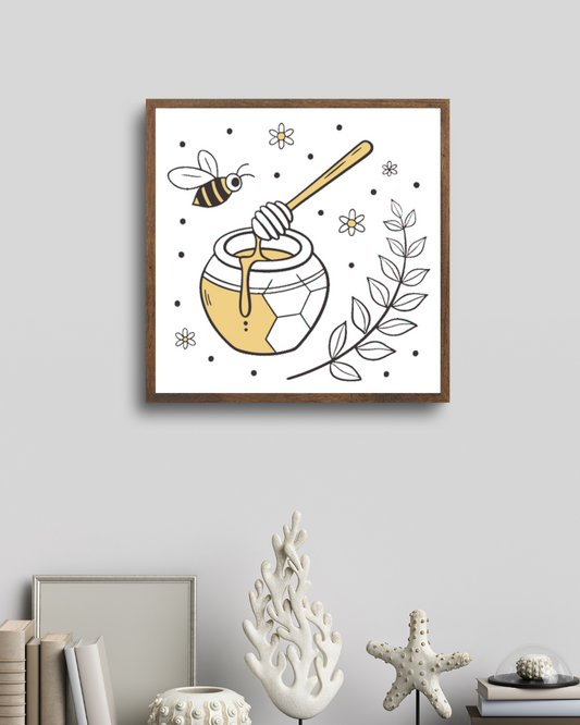 Cadre décoratif avec abeille joyeuse et pot de miel en style nature stylisé