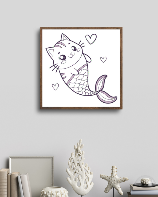 Cadre décoratif marin style cartoon avec chat sirène enjoué, idéal pour enfants