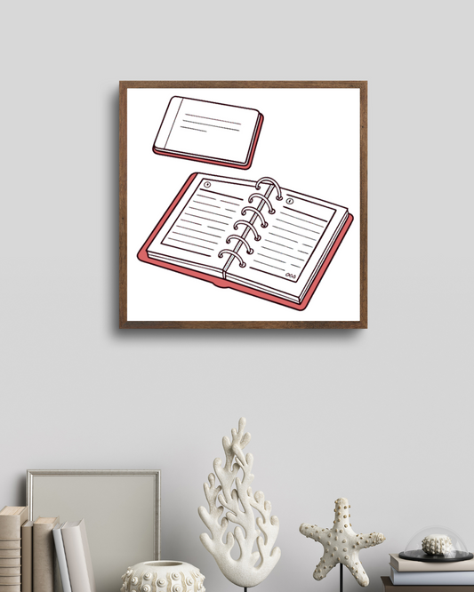 Cadre minimaliste avec icône numérique sur carnet d'organisation ouvert