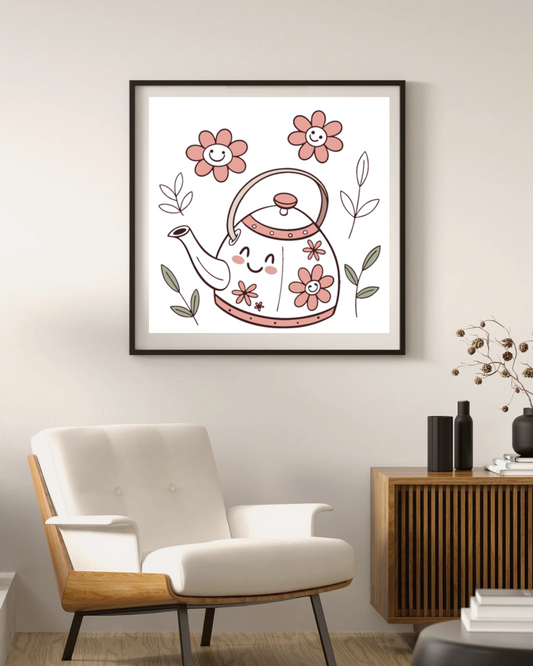 Cadre décoratif avec théière souriante entourée de fleurs printanières