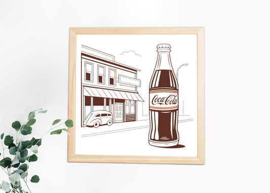 Bouteille rétro encadrée pour décoration murale.