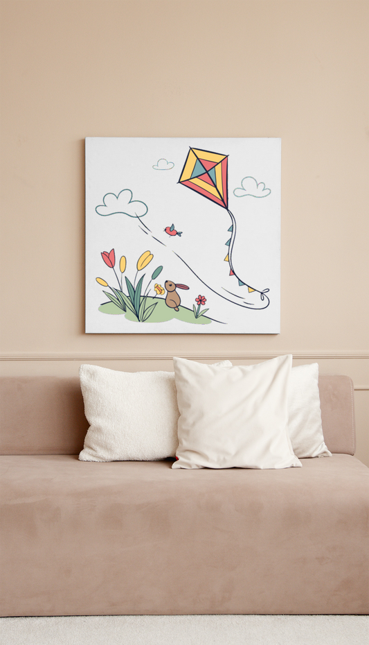 Cadre décoratif avec cerf-volant coloré dans un style printanier sur fond blanc