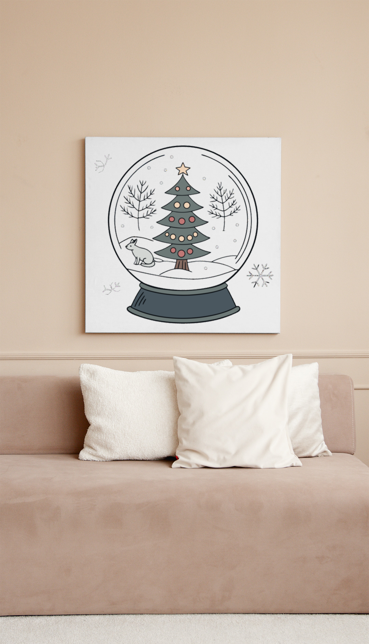 Cadre festif avec renard curieux dans boule de neige stylisé pour Noël chaleureux