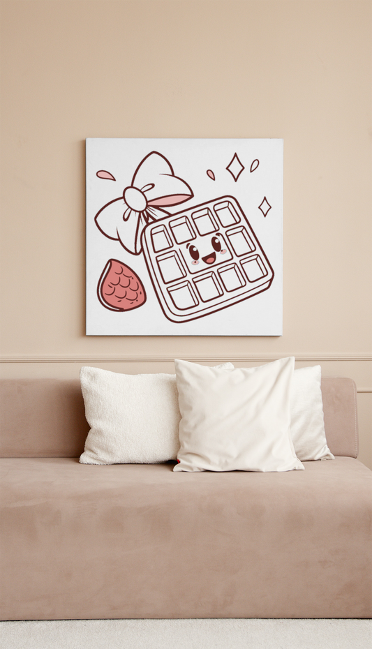 Cadre gourmand avec dessin kawaii d'une gaufre souriante et joyeuse