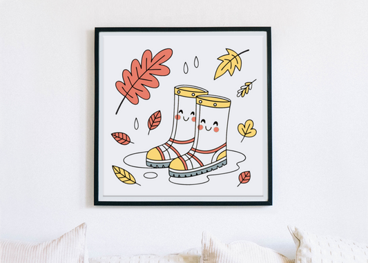 Cadre décoratif avec doodle de bottes joyeuses sous la pluie en automne