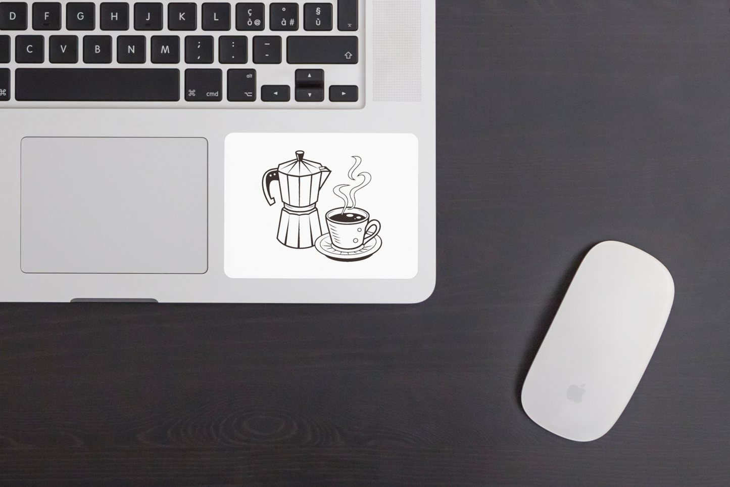 Sticker café rétro avec cafetière italienne et tasse en style monochrome