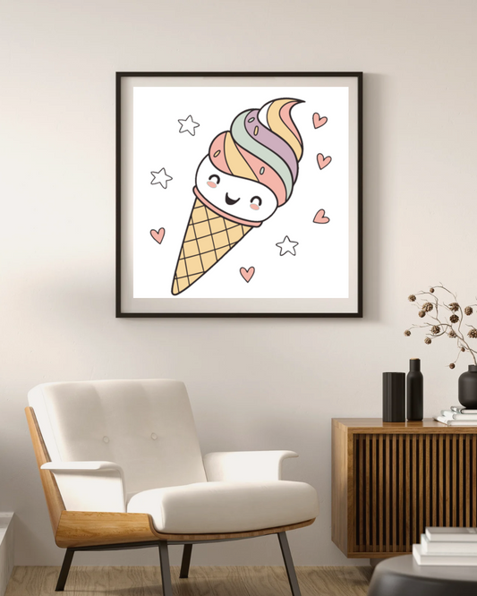 Cadre kawaii avec une glace joyeuse et colorée, ambiance estivale et gourmande